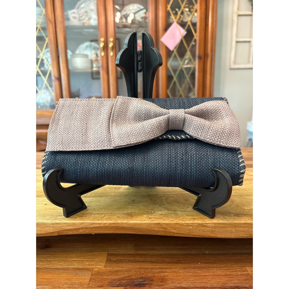 Mud Pie Clutch Women Small Navy Tan Excellent Woven Straw Bow Polka Dot Lining